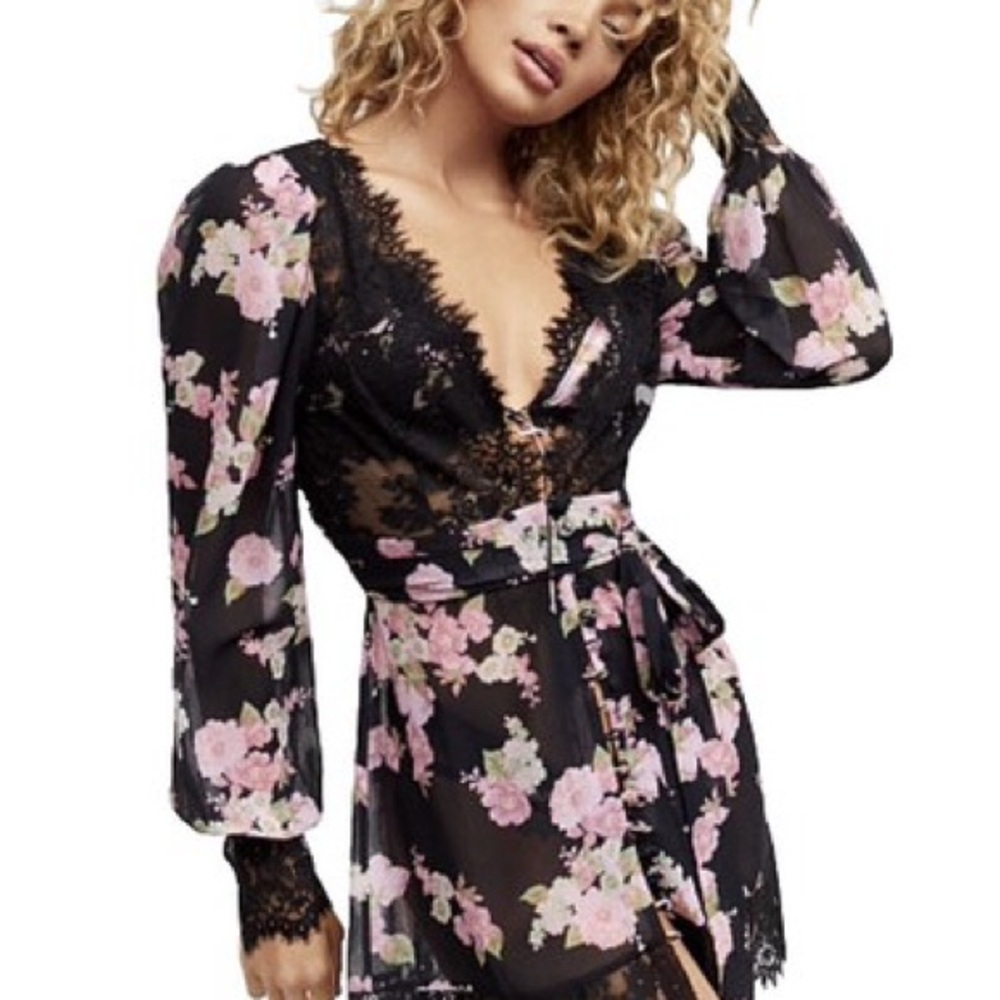 For Love And Lemons Black and Pink Floral Lace Robe
